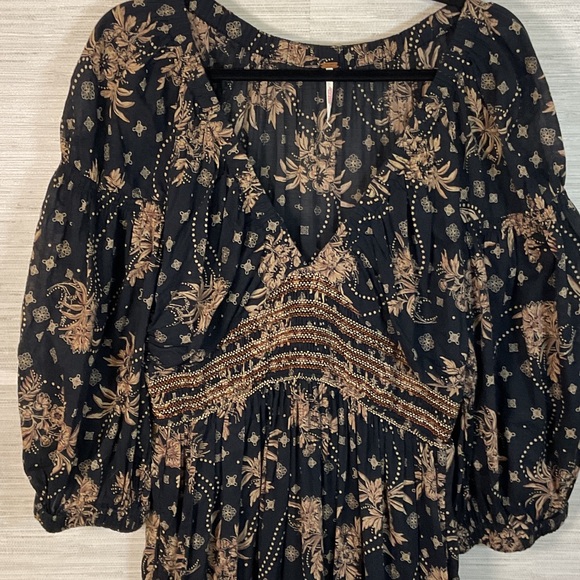 Free People Golden Hour Smocked Bodice Cotton Maxi Dress Black Combo Brown Med - Picture 4 of 15